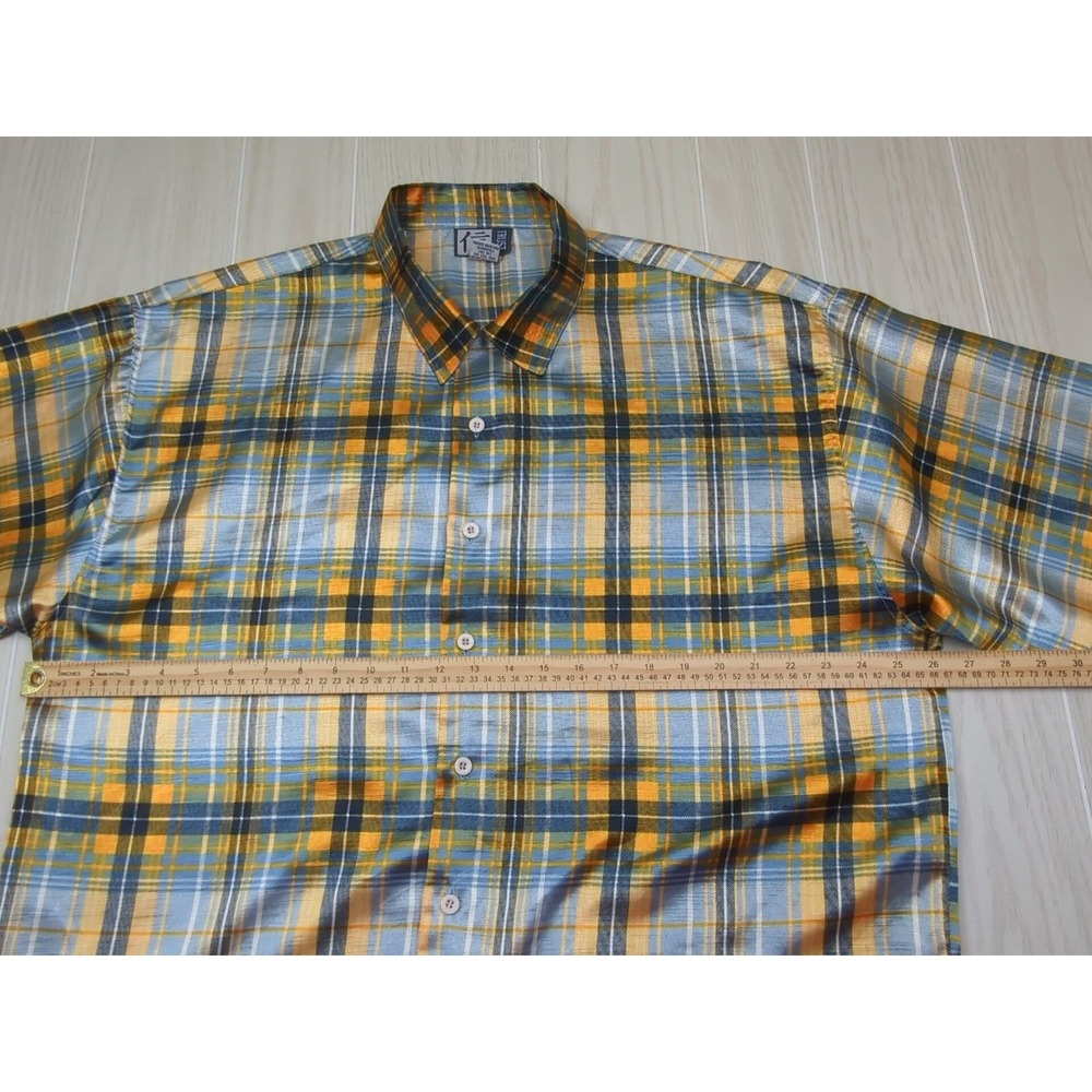 Trust Made Korea vintage men's XL blue yellow plaid Button front Shirt polyester - Picture 3 of 12